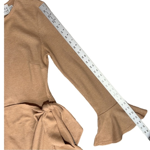 HELLO MOLLY Tan Waffle Knit Mini Dress Faux Wrap Bell Sleeve You For Me sz 6 - Picture 7 of 9